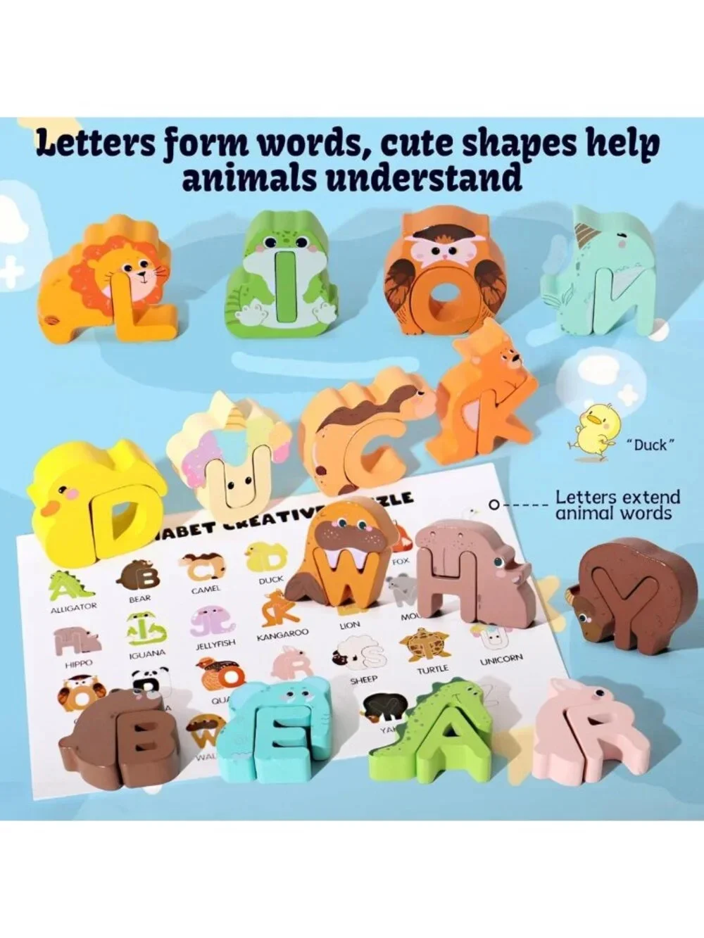 52-Piece Wooden Alphabet Animal Matching Game & Peg Puzzles for Toddlers 3-5